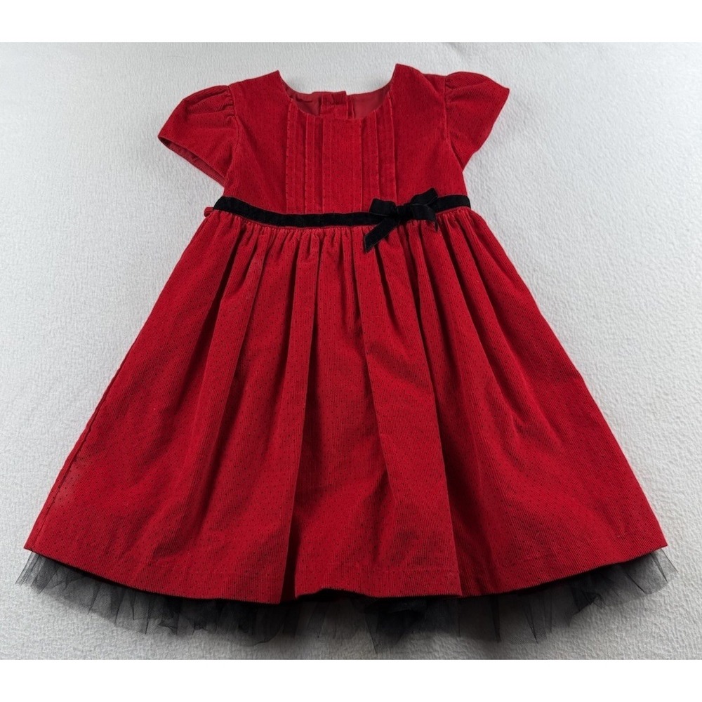 Rosenau Girls Size 2T Red Fine Corduroy Black Dot Dress Black Velvet Bow